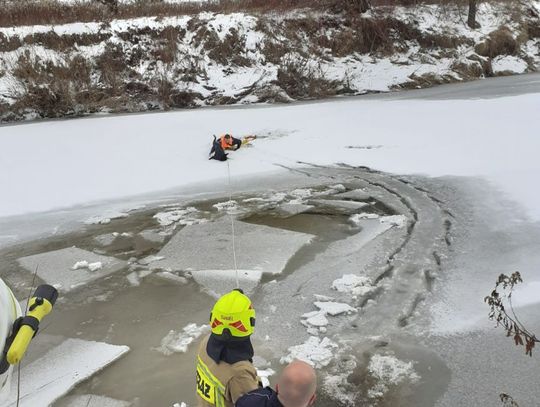 POLICJANCI I DRUHOWIE STRAŻY POŻARNEJ Z BIECZA URATOWALI TONĄCEGO PSA