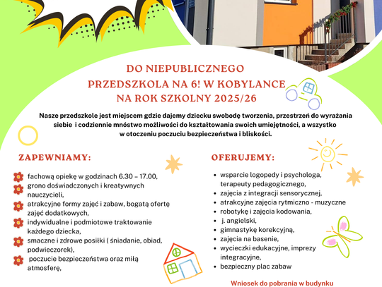 Ruszyły zapisy do Niepublicznego Przedszkola na 6! w Kobylance