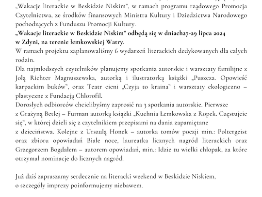 Serdecznie  zapraszamy na Wakacje Literackie w Beskidzie Niskim