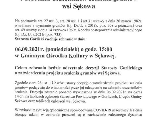 Zebranie uczestników scalenia gruntów wsi Sękowa!