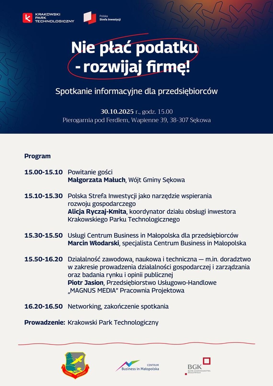 Gmina Sękowa zaprasza na SPOTKANIE INFORMACYJNE PN. „NIE PŁAĆ PODATKU – ROZWIJAJ FIRMĘ!