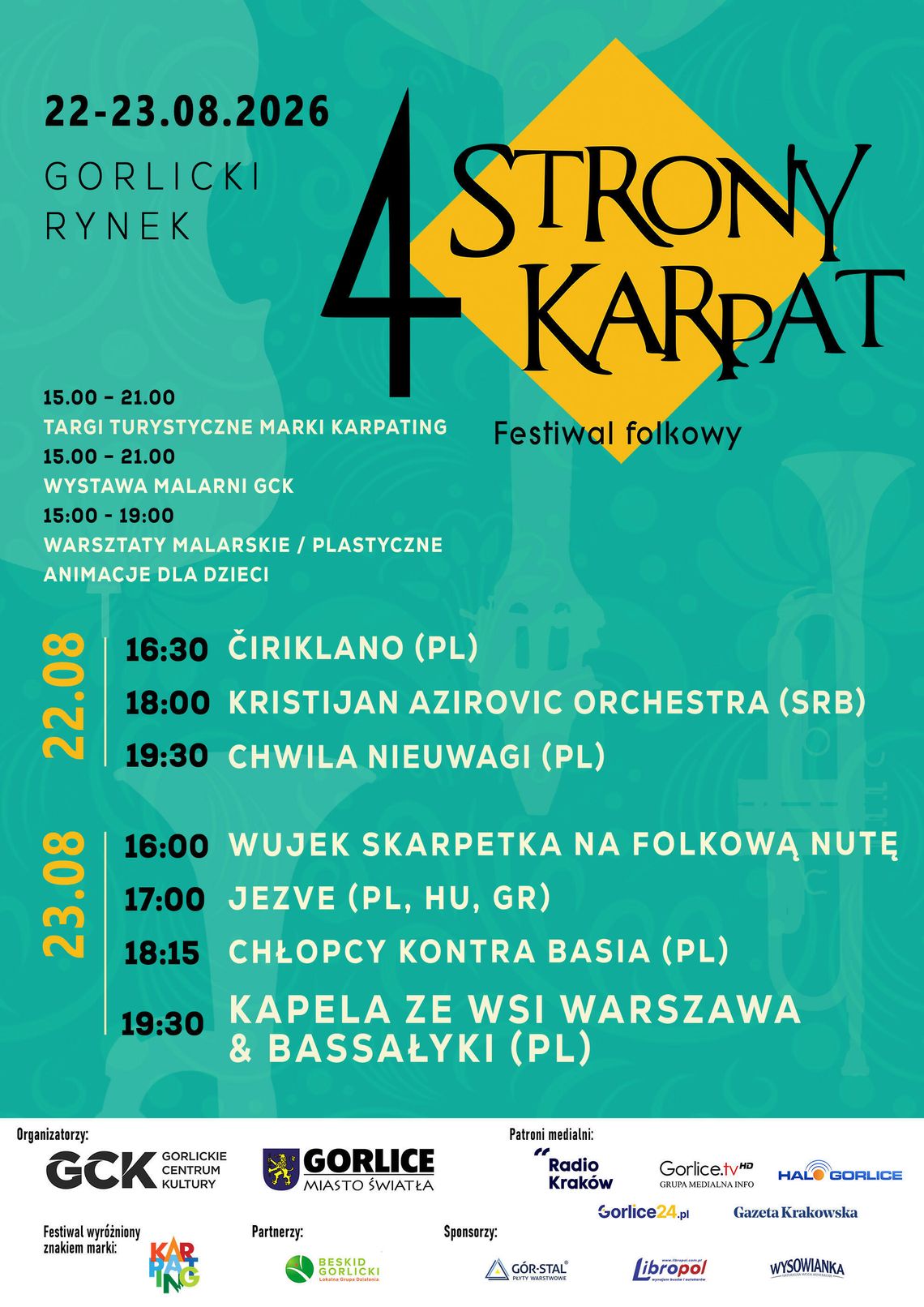 Gorlickie Centrum Kultury, Miasto Gorlice oraz Lokalna Grupa Działania „Beskid Gorlicki” zapraszają na Festiwal 4 Strony Karpat