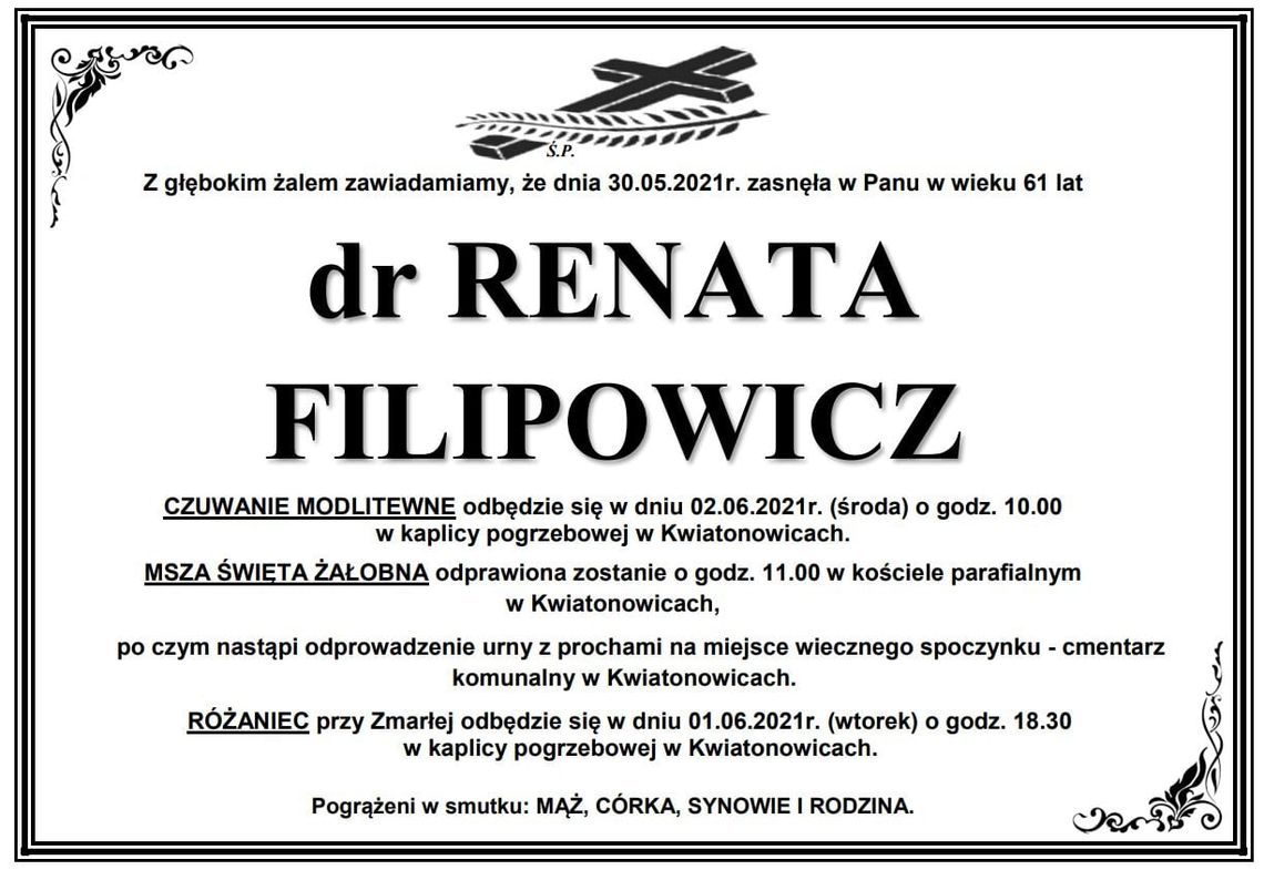 Jutro pożegnamy śp. dr Renatę Filipowicz